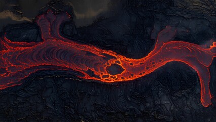 Aerial view of glowing lava flow, volcanic eruption texture in red and black tones, natural energy and earth force concept
