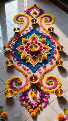 Diwali Flatlay Advertisement Tiled Floor Rangoli Patterns Colored Powders Flower Petals Diyas Natural Light Vibrant Colors Cultural Artistry