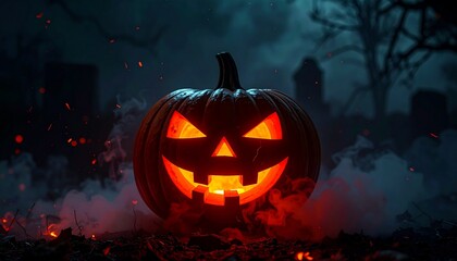 Fototapeta premium Glowing Jack-O-Lantern in Dark Horror Atmosphere – Floating Pumpkin with Fog, Embers and Eerie Black Void