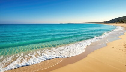 Fototapeta premium Azure ocean waves gently crash on golden sand under clear blue sky
