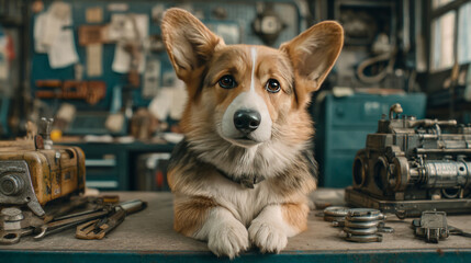 
Corgi poses like a mechanic in a cozy workshop filled with vintage tools, blending pet charm with industrial nostalgia.