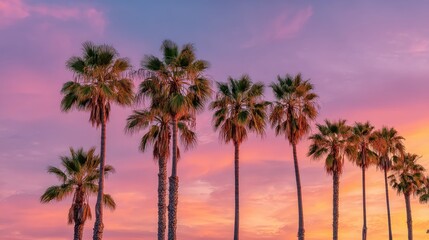 Obraz premium Palm trees silhouette against a colorful sunset sky landscape background