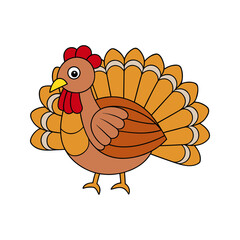 A charming cartoon illustration of a friendly turkey with its tail feathers fanned out against a solid black background perfect for thanksgiving celebrations