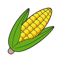 A vibrant cartoon illustration of a ripe yellow corn cob with green husks and leaves against a solid black background perfect for food and harvest themes