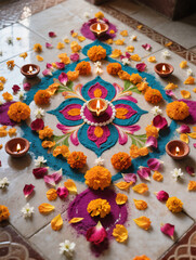 Diwali Flatlay Advertisement Tiled Floor Rangoli Patterns Colored Powders Flower Petals Diyas Natural Light Vibrant Colors Cultural Artistry