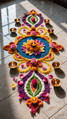 Diwali Flatlay Advertisement Tiled Floor Rangoli Patterns Colored Powders Flower Petals Diyas Natural Light Vibrant Colors Cultural Artistry