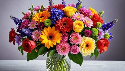 Vivid flower bouquet in glass vase, a symphony of colors