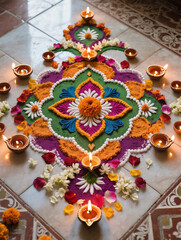 Diwali Flatlay Advertisement Tiled Floor Rangoli Patterns Colored Powders Flower Petals Diyas Natural Light Vibrant Colors Cultural Artistry