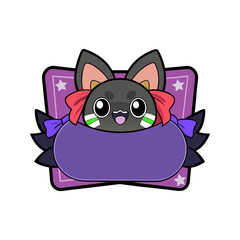 Cute cartoon black cat character with big eyes and colorful bows holding a purple banner for text set against a dark background with stars and purple frame
