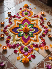 Diwali Flatlay Advertisement Tiled Floor Rangoli Patterns Colored Powders Flower Petals Diyas Natural Light Vibrant Colors Cultural Artistry