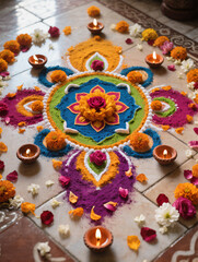 Diwali Flatlay Advertisement Tiled Floor Rangoli Patterns Colored Powders Flower Petals Diyas Natural Light Vibrant Colors Cultural Artistry