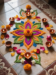 Diwali Flatlay Advertisement Tiled Floor Rangoli Patterns Colored Powders Flower Petals Diyas Natural Light Vibrant Colors Cultural Artistry