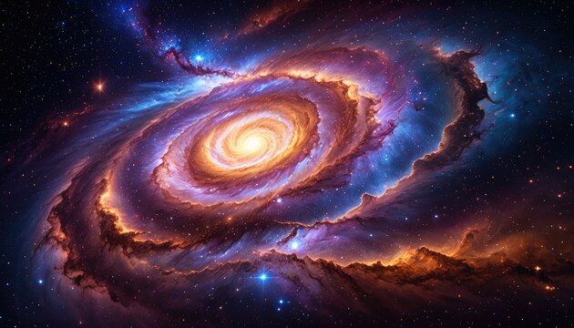 Cosmic spiral galaxy with vibrant nebula, stars, and bright core