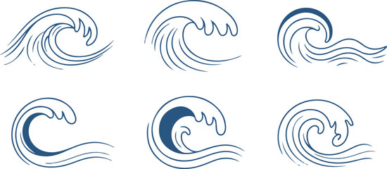 Set of creative ocean wave sketches in blue color outline