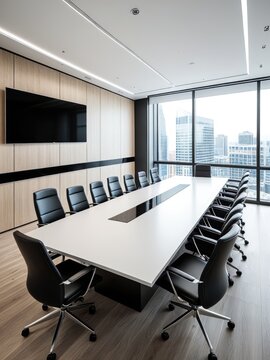 Modern, empty boardroom with large table, chairs, big screen, and city view windows