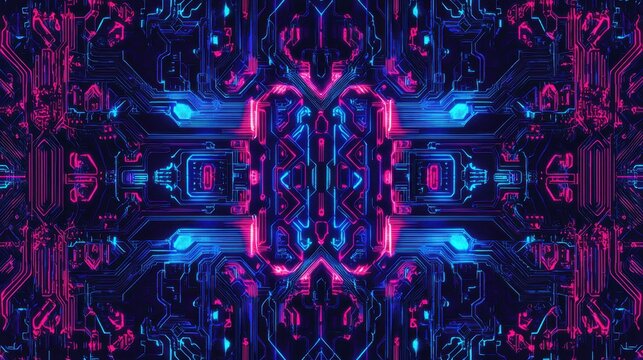 Futuristic abstract digital circuit board design with vibrant neon colors in blue and pink shades creating a mesmerizing symmetrical pattern on a dark background - Powered by Adobe