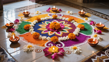 Diwali Flatlay Advertisement Tiled Floor Rangoli Patterns Colored Powders Flower Petals Diyas Natural Light Vibrant Colors Cultural Artistry
