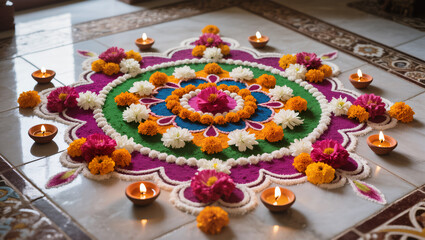 Diwali Flatlay Advertisement Tiled Floor Rangoli Patterns Colored Powders Flower Petals Diyas Natural Light Vibrant Colors Cultural Artistry
