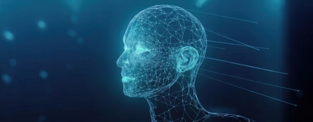 Digital Human: A luminous digital representation of a human face, suggesting innovation and the cutting edge of technology, hinting at artificial intelligence or digital consciousness