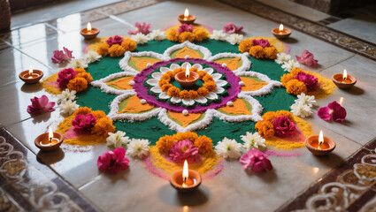 Diwali Flatlay Advertisement Tiled Floor Rangoli Patterns Colored Powders Flower Petals Diyas Natural Light Vibrant Colors Cultural Artistry