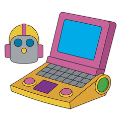 Retro laptop and robot head, a nostalgic scene