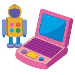 Cartoon laptop and robot toy, simple design style