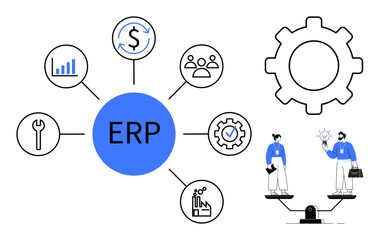 Central ERP hub with surrounding icons for finance, analytics, and processes. Two figures balancing business tasks and efficiency. Ideal for software, business growth, teamwork, automation