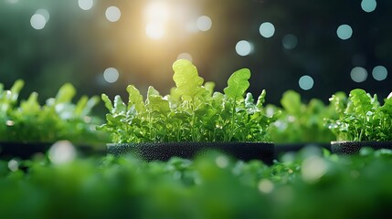 Fresh green microgreens growing in organic garden with soft bokeh lights and morning sunbeams creating magical atmosphere for healthy eating concept.