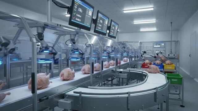 Medium shot capturing AIdriven conveyor system classifying turkeys by weight emphasizing advanced technology in poultry processing.