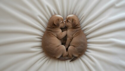 Two puppies cuddled together on light fabric surface.