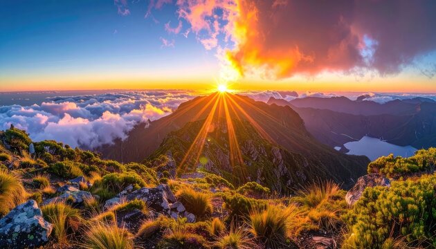Majestic mountain sunrise with golden sunburst & fluffy clouds