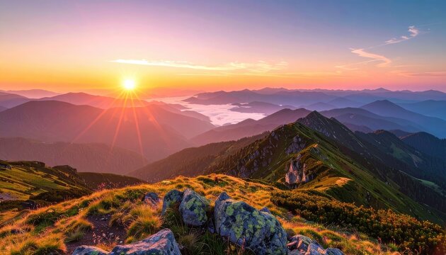 Sunrise over mountain range, warm light illuminating peaks and valleys - Powered by Adobe