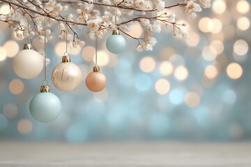 Pastel blue and white Christmas ornaments hanging from snowy branch against soft bokeh background, creating dreamy winter holiday atmosphere.