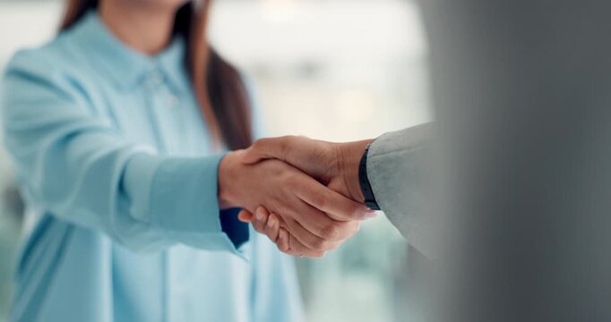 Recruitment, closeup and women in office, handshake and human resources management with onboarding. People, shaking hands and candidate in workplace, agreement and contract with thank you and offer - Powered by Adobe