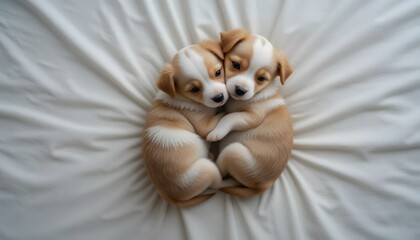 Two puppies cuddled together on light fabric surface.