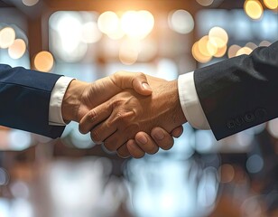 Business handshake; two men in suits close a deal. Blurred warm background