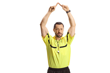 Football referee gesturing VAR symbol
