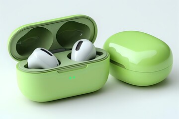 Wireless earbuds in light green charging case with glossy finish on white background, modern minimalist design for tech and lifestyle marketing.