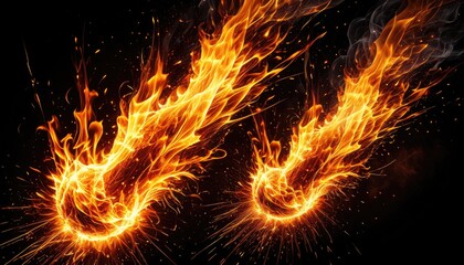 Fiery orbs explode with vibrant flames and sparks, contrasting dark