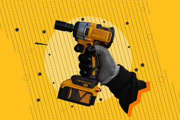Creative pop art collage of a hand holding a cordless drill on a vibrant yellow background. Concept for DIY, construction work, labor day and power tools.