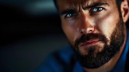 Obraz premium Dramatic portrait of bearded Caucasian man with intense blue eyes and serious expression against dark background, illuminated by moody lighting.