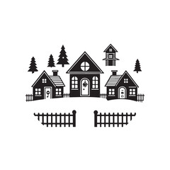 Black Colour snow village Vector Illustration, Solid White Background (3).eps