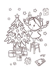 Cute girl decorating holiday tree coloring page, festive line art illustration for kids