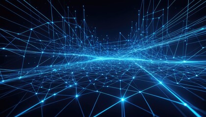 Glowing blue digital network, connecting dots and lines, vast landscape