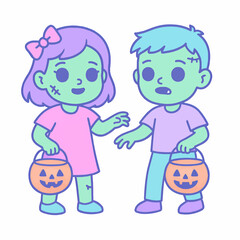 Cute Zombie Kids Holding Candy Buckets Vector Illustration