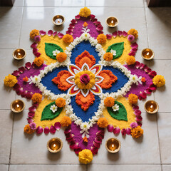 Diwali Flatlay Advertisement Tiled Floor Rangoli Patterns Colored Powders Flower Petals Diyas Natural Light Vibrant Colors Cultural Artistry
