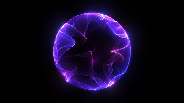 Abstract glowing sphere of blue and purple energy. Futuristic plasma orb made of light particles in empty dark space. Magical digital ball radiating soft glow and energy. Perfect for technology, scien