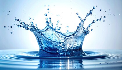 Water splash, crown shape, clear blue liquid with droplet effect