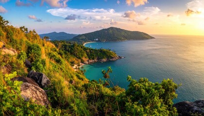 Obraz premium Coastal vista with lush greenery, turquoise waters, and a golden sunset