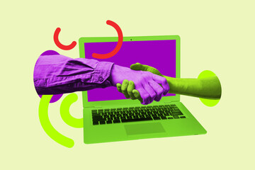Contemporary image pop art collage of human hands peek laptop device handshake approval project cooperation gesture concept